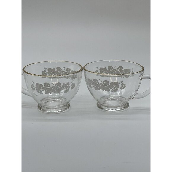 Set Of 2 Vintage Anchor Hocking Grape Leaf Punch Bowl Cups Gold Rim - Picture 1 of 6